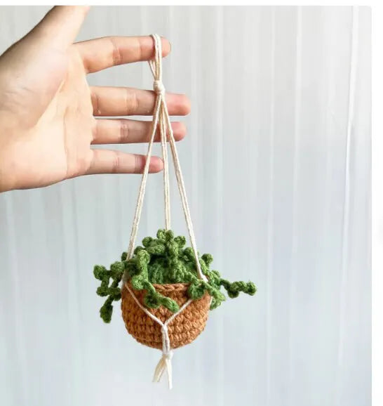 Green and white knitted wool car plant decoration hanging from 25cm white rope