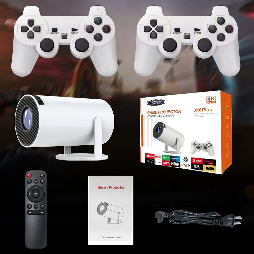 White X10 PLUS portable smart projector with gamepad and remote control on table
