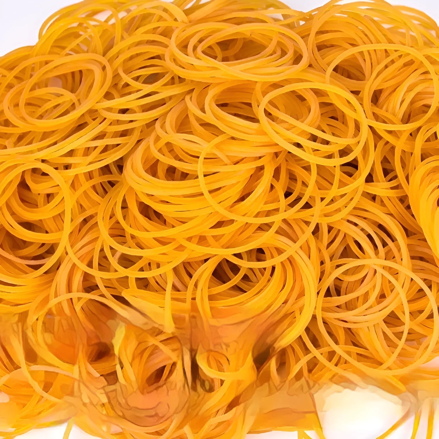 Yellow rubber bands in 500g bulk pack showing multiple diameter sizes from 25mm to 70mm
