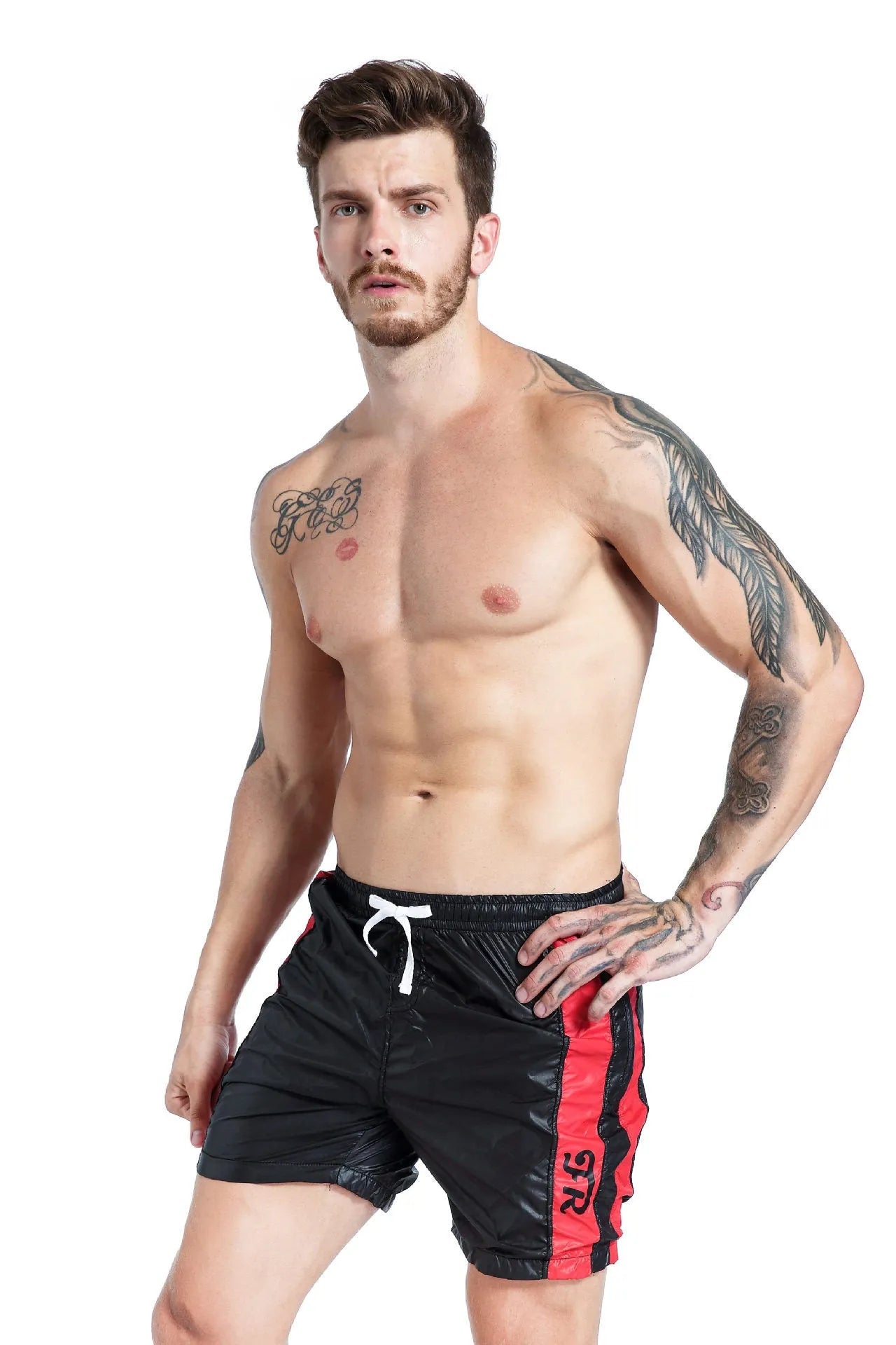 Men's blue slim fit sports shorts with lace-up waist and padding for running activities