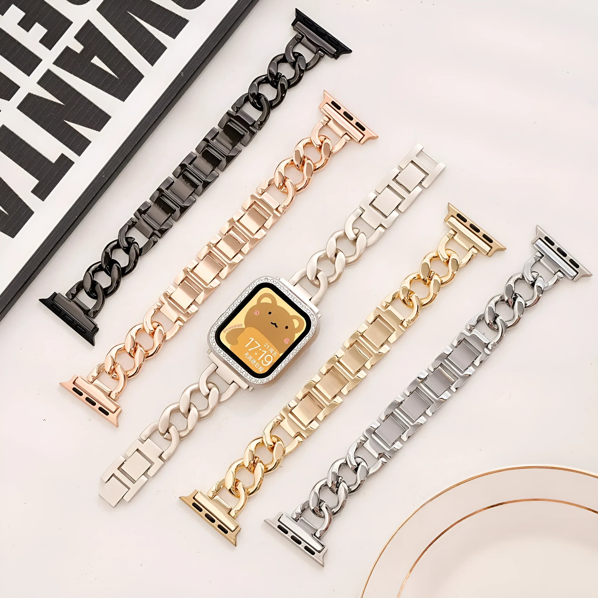 Denim chain metal Apple Watch strap in silver, black, gold, rose gold, and starlight colours for 38-49mm models