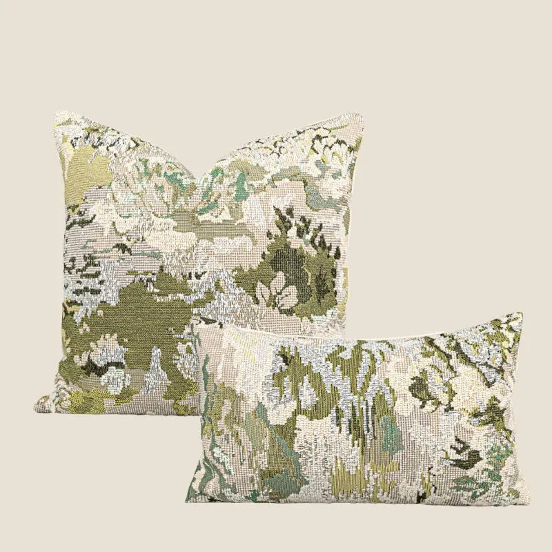 Chinese style decorative pillow with spring flowers botanical pattern on antique green wool blend fabric