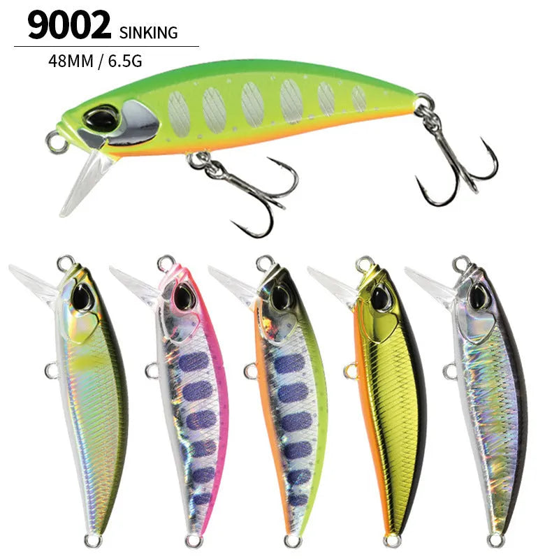 48mm soft plastic submerged minnow fishing lure for mandarin fish and snakehead, showing one of 14 colour options.