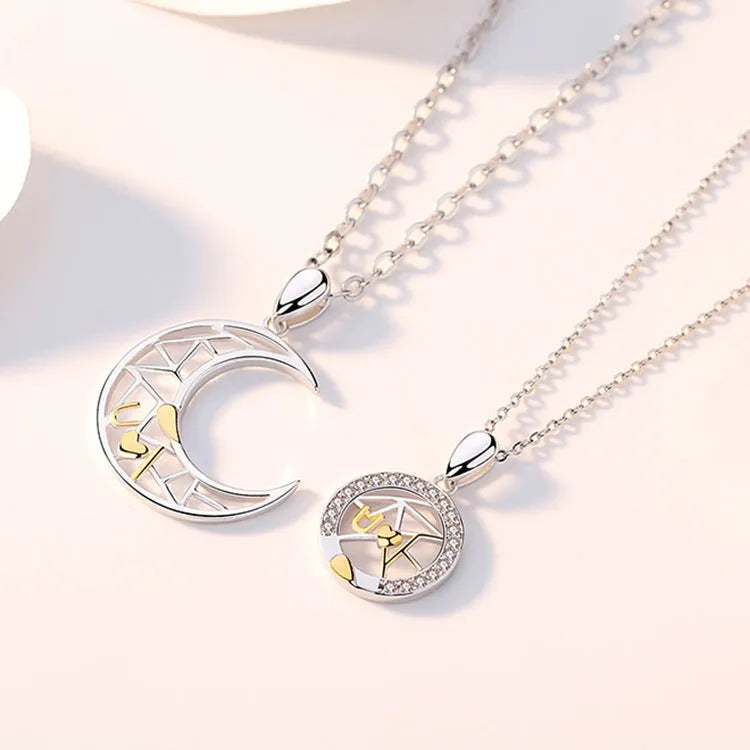 Sun and moon tooth couple necklace with copper pendants on cross chain