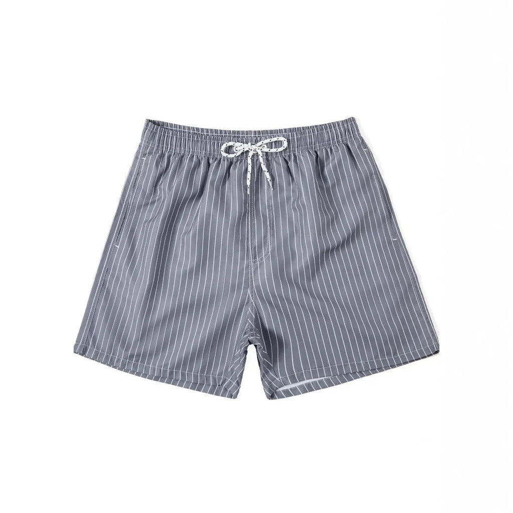 A pair of grey striped casual shorts with a straight leg opening, laid flat.