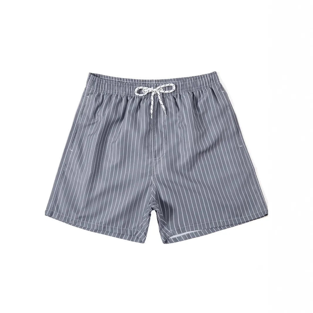 A pair of grey striped casual shorts with a straight leg opening, laid flat.