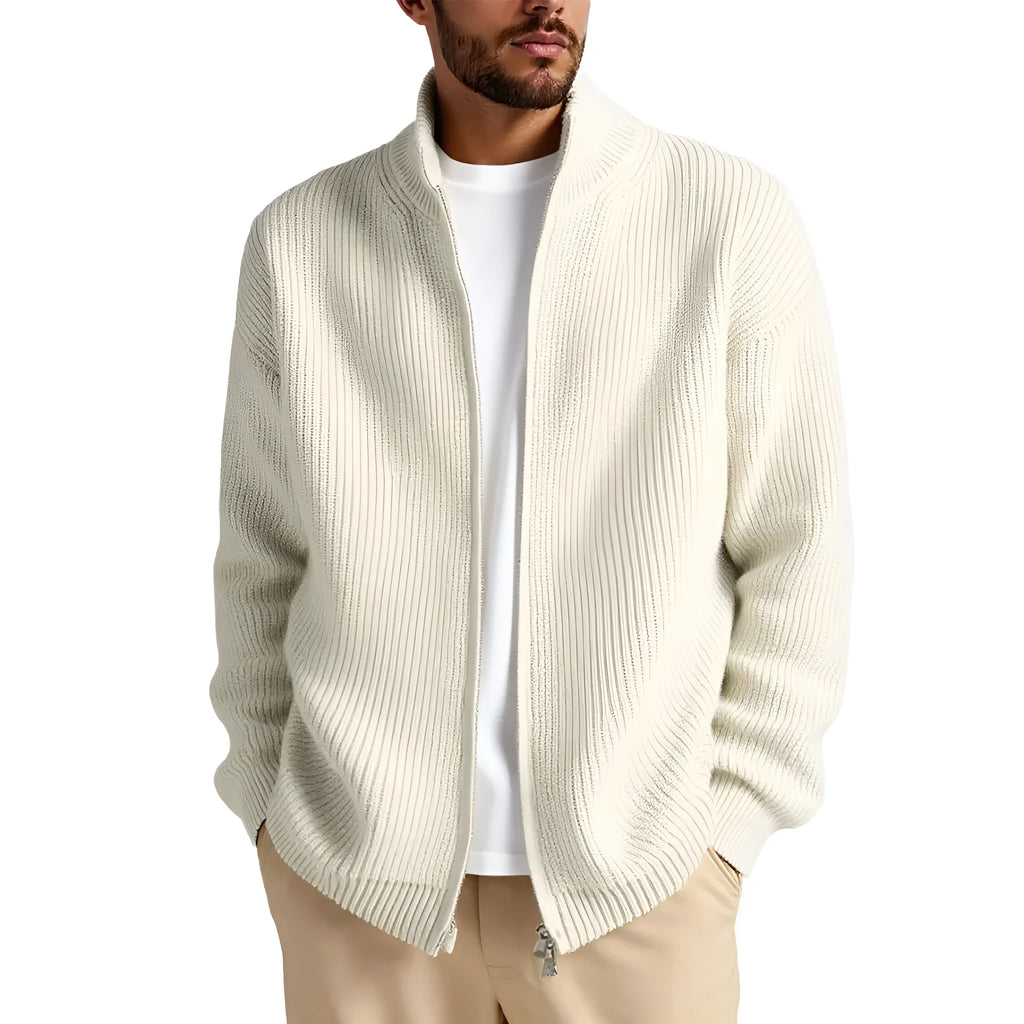 A loose-fitting men's cardigan sweater in a chemical fibre blend, shown in one of five available colours.