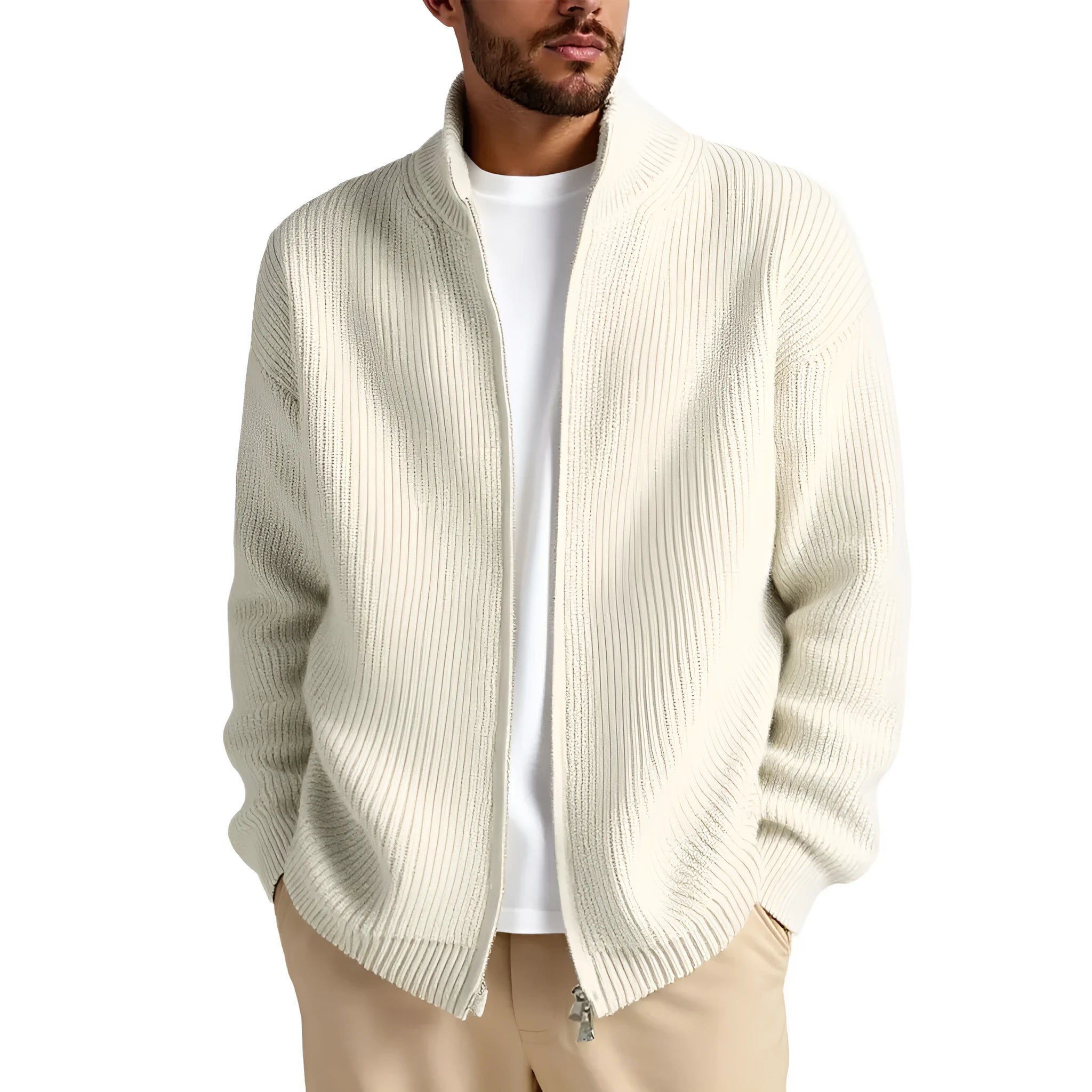 A loose-fitting men's cardigan sweater in a chemical fibre blend, shown in one of five available colours.