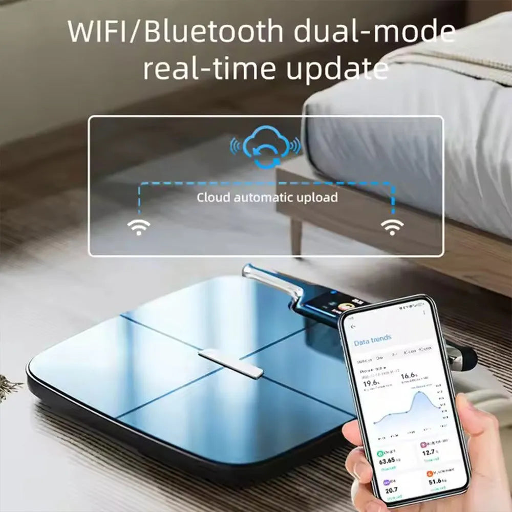 Black eight-electrode body fat intelligent weighing scale on a floor.