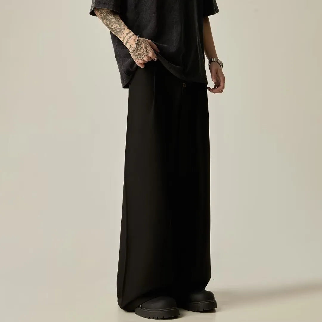 Men's straight leg casual trousers in black or brown with micro elasticity waist and cardigan button closure