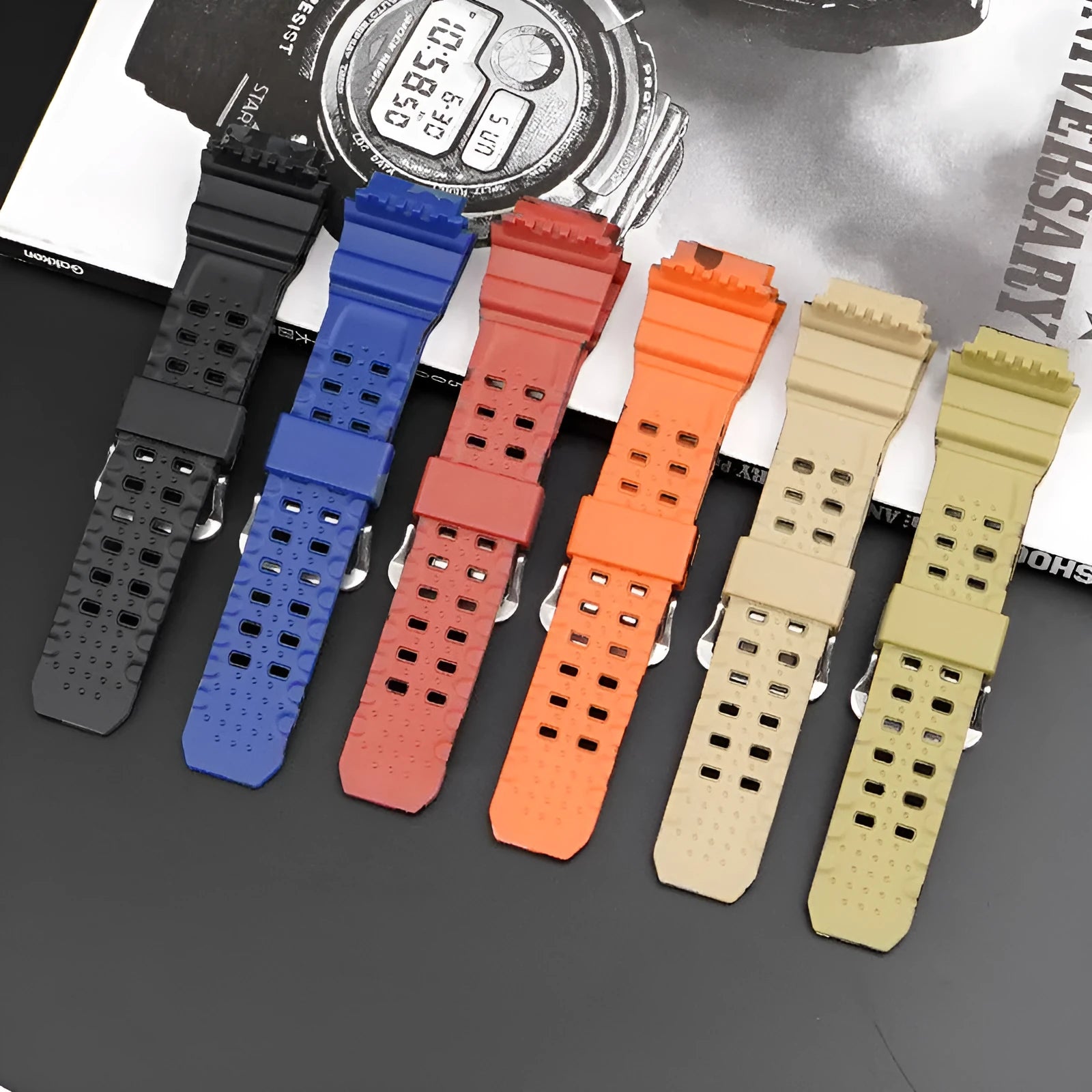 TPU camouflage rubber watchband strap with silver buckle fastening for wristwatch replacement