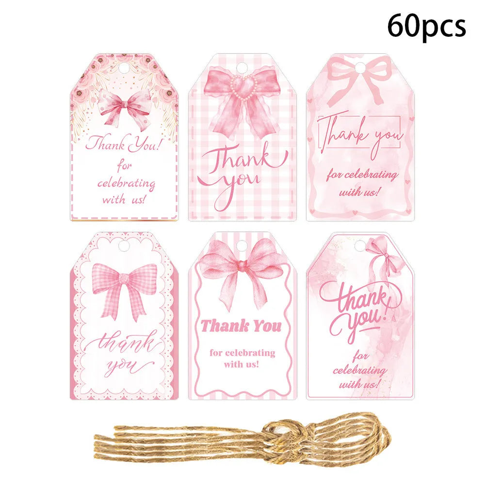 Birthday party gift tags with bowknot designs and natural hemp rope ties