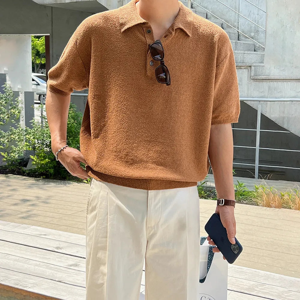 Men's retro knitted polo shirt in caramel colour with short sleeves and asymmetric styling detail