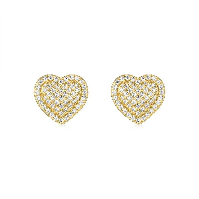 Gold heart-shaped stud earrings with moissanite stones on S925 silver