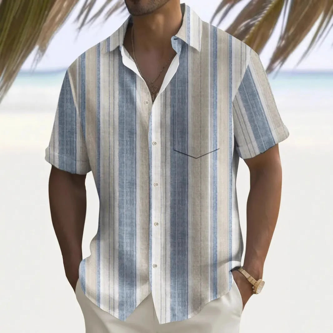 A man wearing a loose-fit, solid-colour printed polyester leisure shirt in a cardigan style.