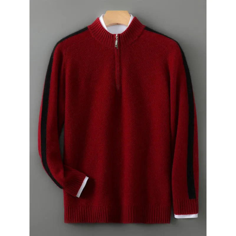 Sheep wool half-height zip round neck slim fit sweater in raw velvet camel colour