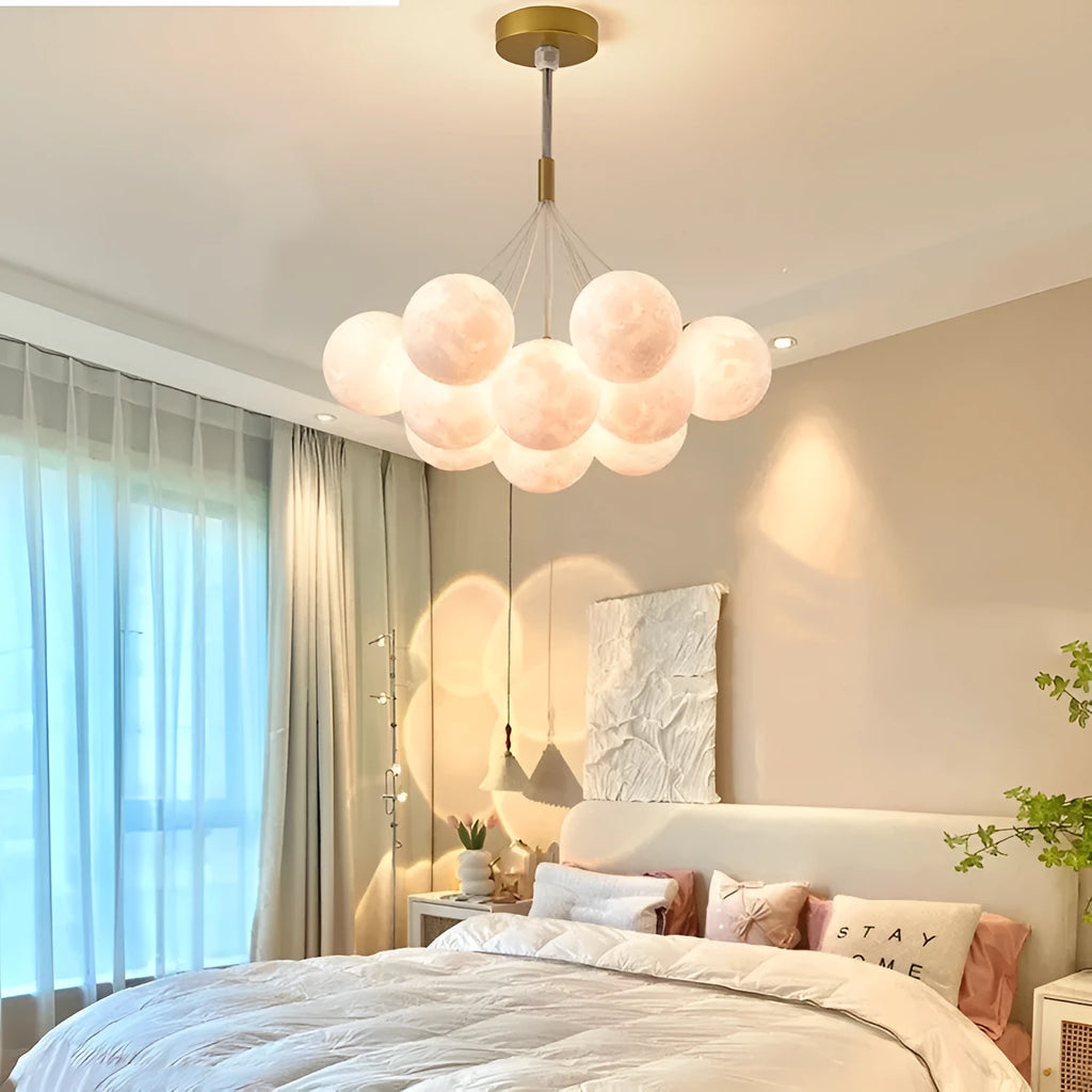Nordic moon bubble chandelier with gold finish and spherical decorative elements for bedroom ceiling lighting