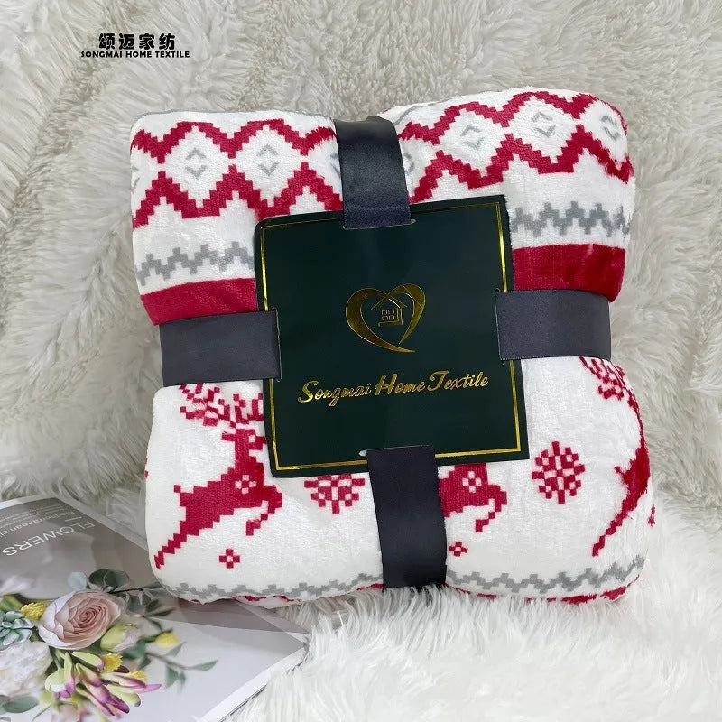Flannel sherpa lambswool blanket in Elk Double White with cartoon anime pattern, 152x127cm and 150x200cm