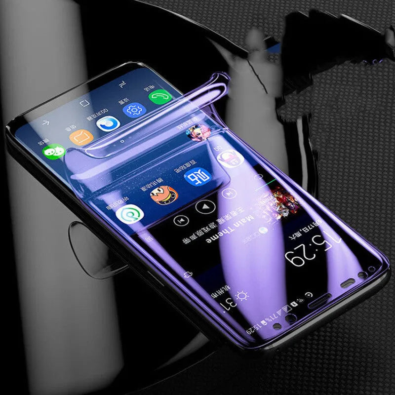 Purple Light Hydraulic Film screen protector for curved Samsung phones on packaging