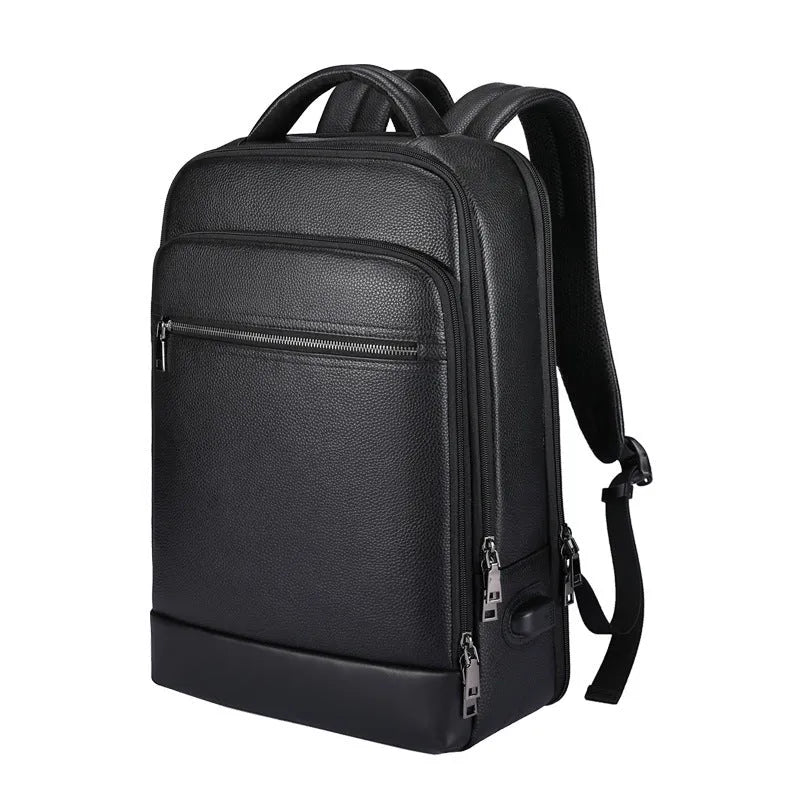 Black genuine leather men's business backpack with curved shoulder straps and sewing line detailing