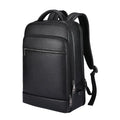 Black genuine leather men's business backpack with curved shoulder straps and sewing line detailing