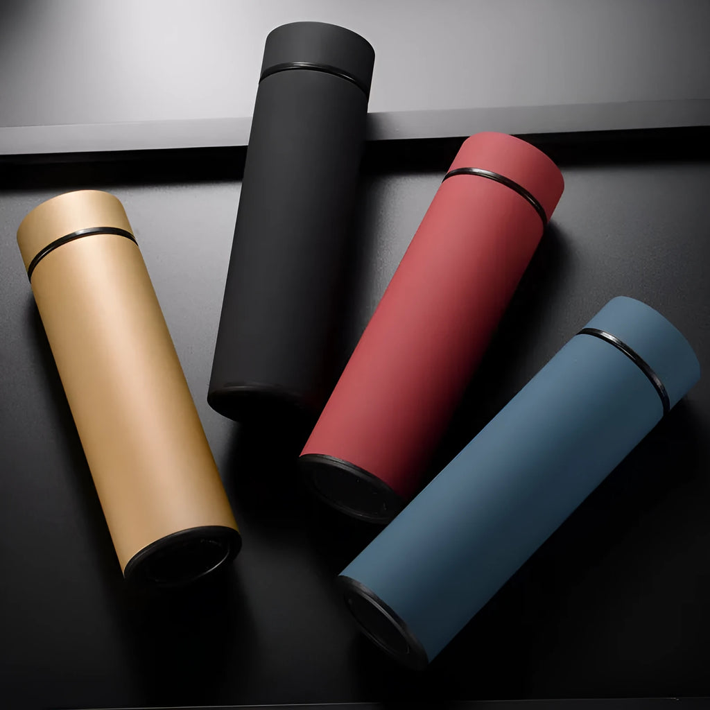 Black stainless steel vacuum water bottle with arrow-shaped mouth, 450ml capacity.