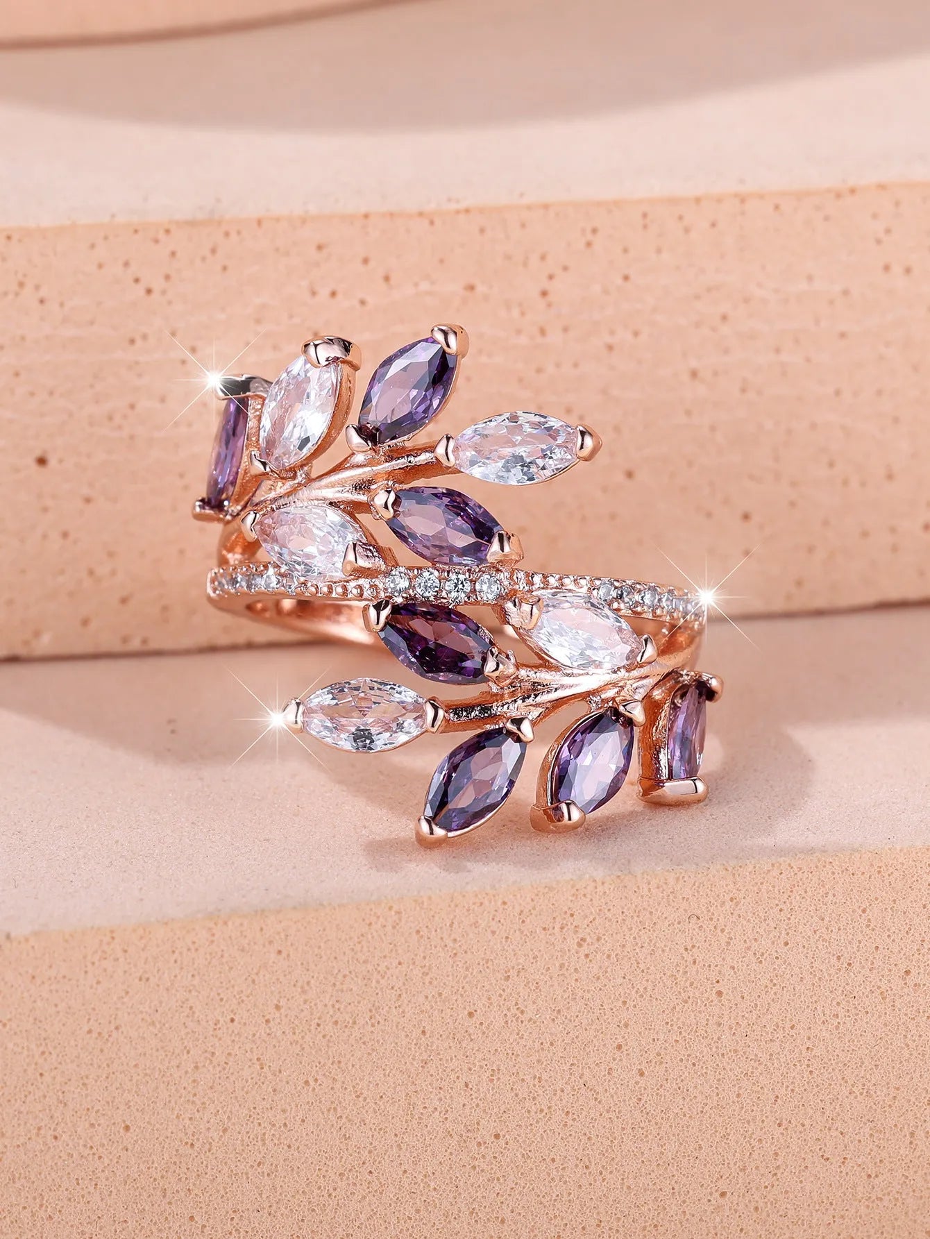 Adjustable copper leaf ring with zircon accents in multiple colour finishes including platinum white and rose gold