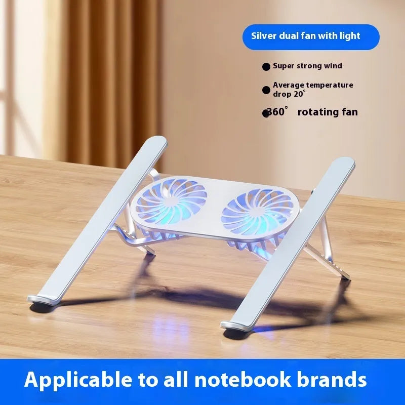 Aluminium alloy portable folding laptop stand with twin cooling fans