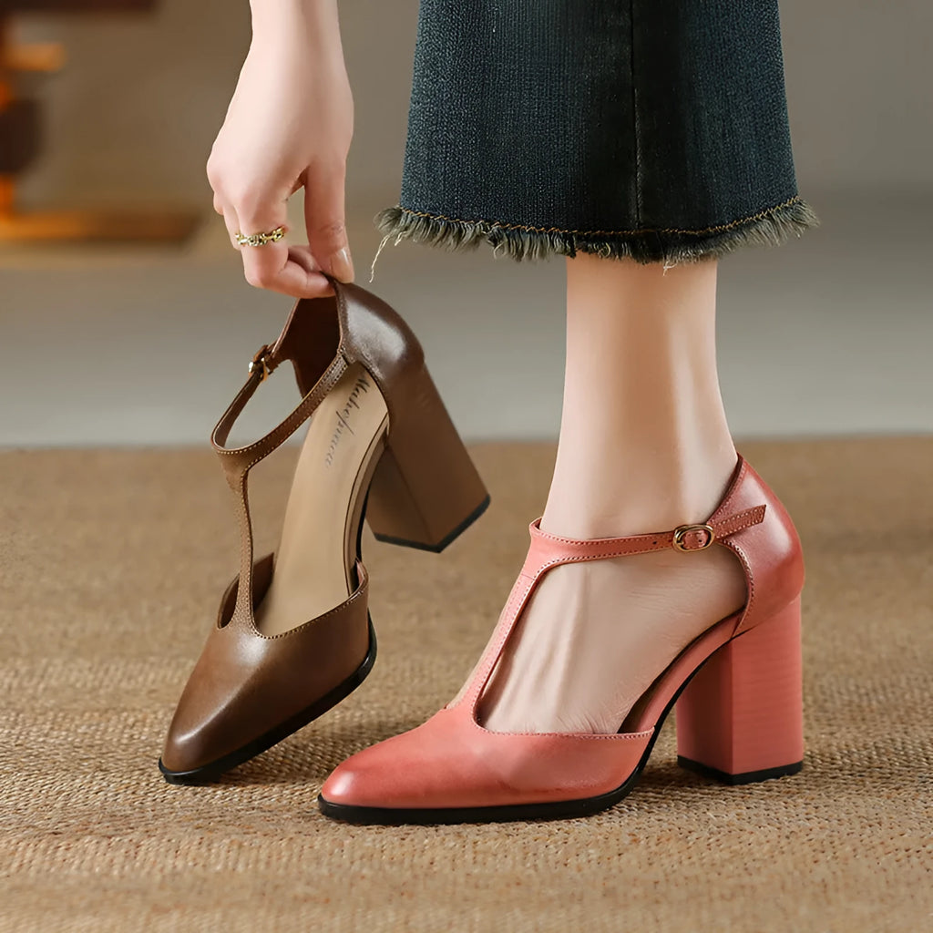 Retro pointed Mary Jane shoes with hollow design in dark brown and pink featuring cowhide upper and buckle strap