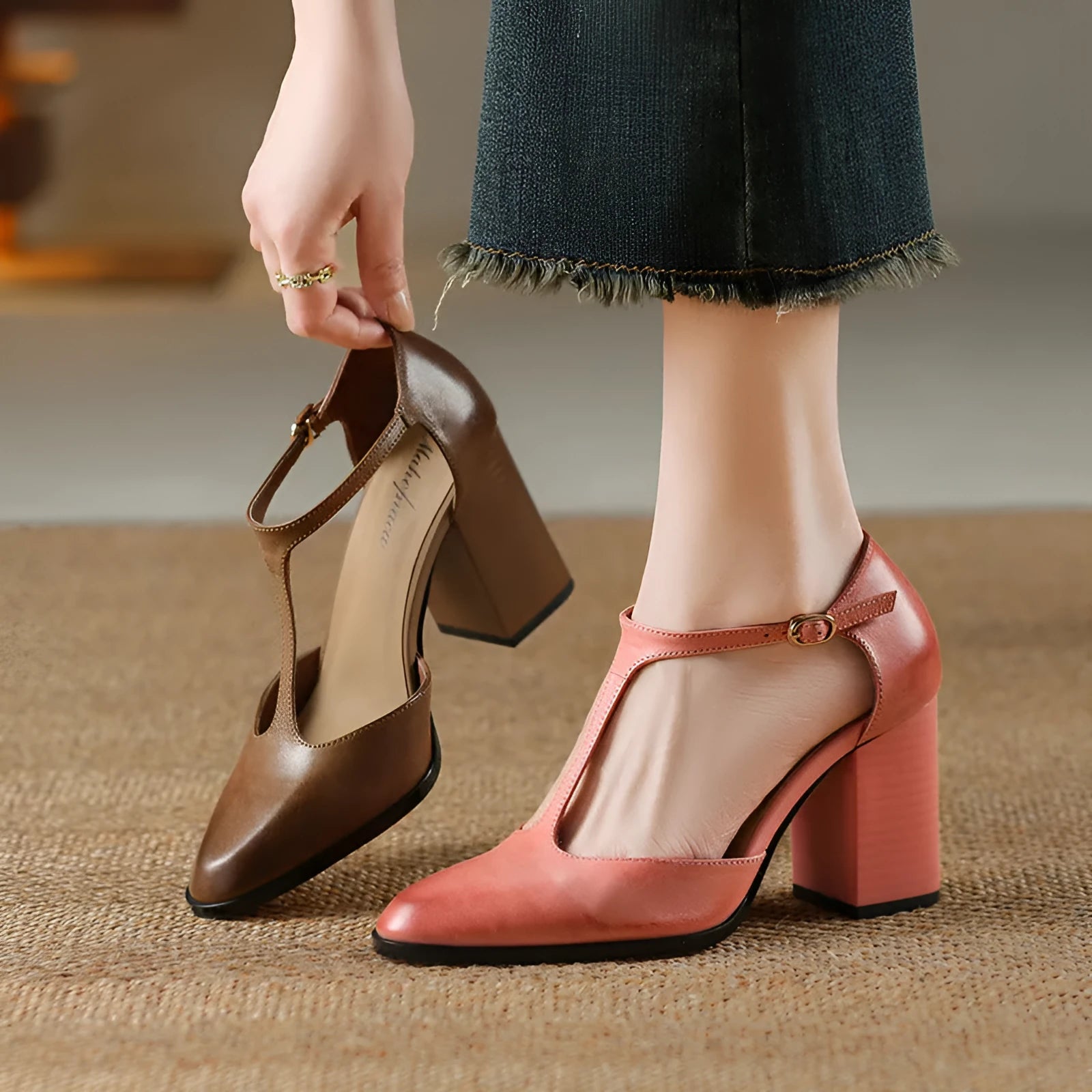 Retro pointed Mary Jane shoes with hollow design in dark brown and pink featuring cowhide upper and buckle strap