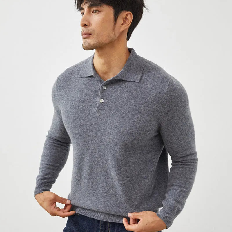 Men's pure cashmere polo collar pullover sweater in loose fit available in multiple colours