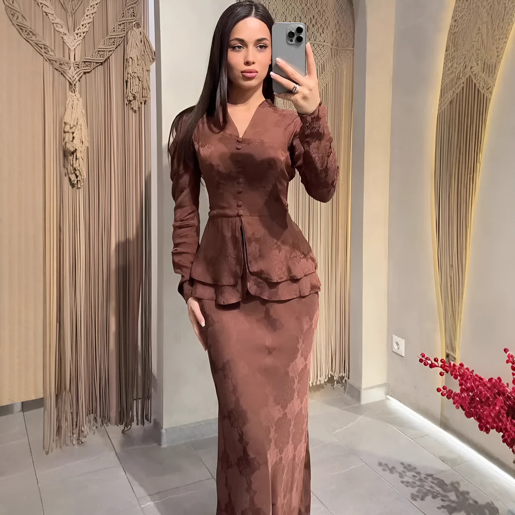 Dark brown retro-style long dress with floral pattern, long sleeves, and a faux two-piece slim fit design