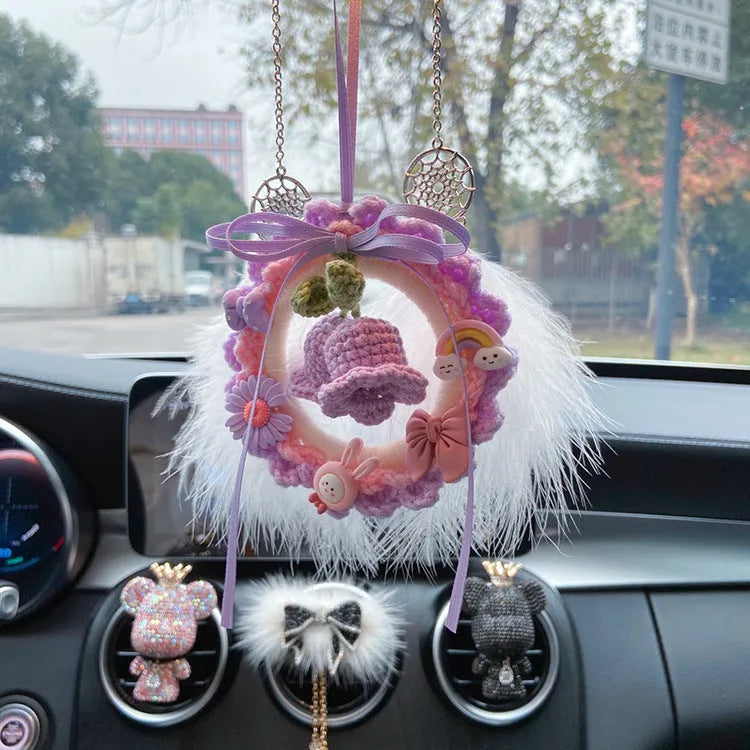 Woven wool bell orchid car pendant hanging from rear-view mirror with green colour finish