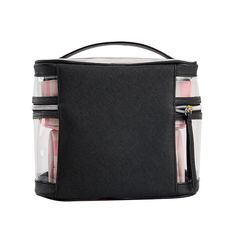 Pink bold striped floral pattern waterproof synthetic leather makeup bag with nylon lining