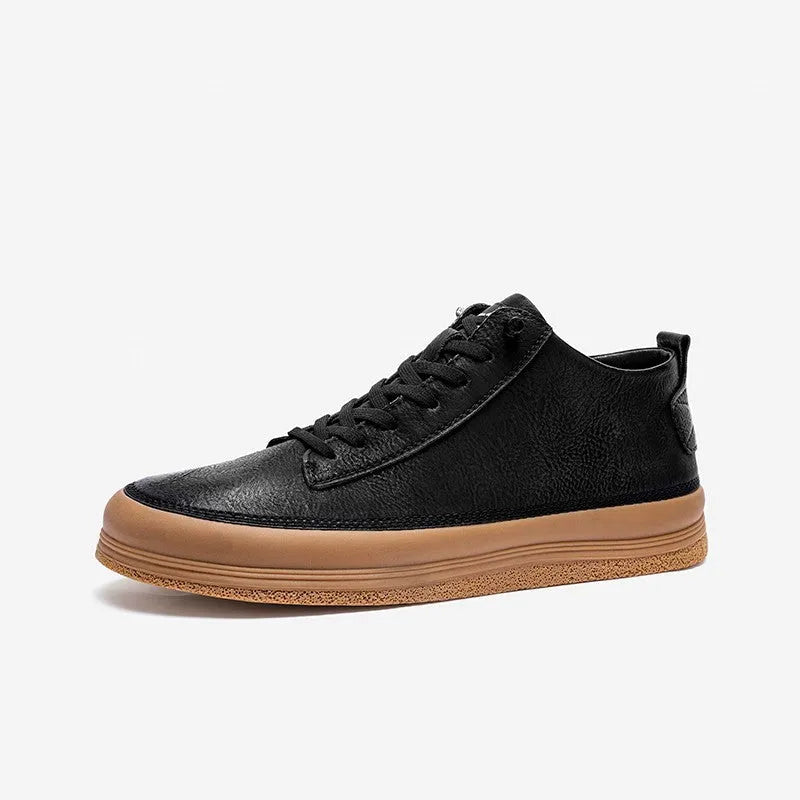 Men's black and white casual leather shoes with round toe, flat heel, and lanyard closure.