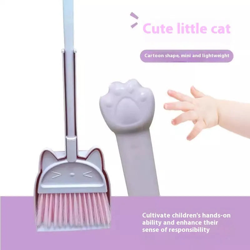 Plastic broom and dustpan set with adjustable rotating brush head in beige colour.