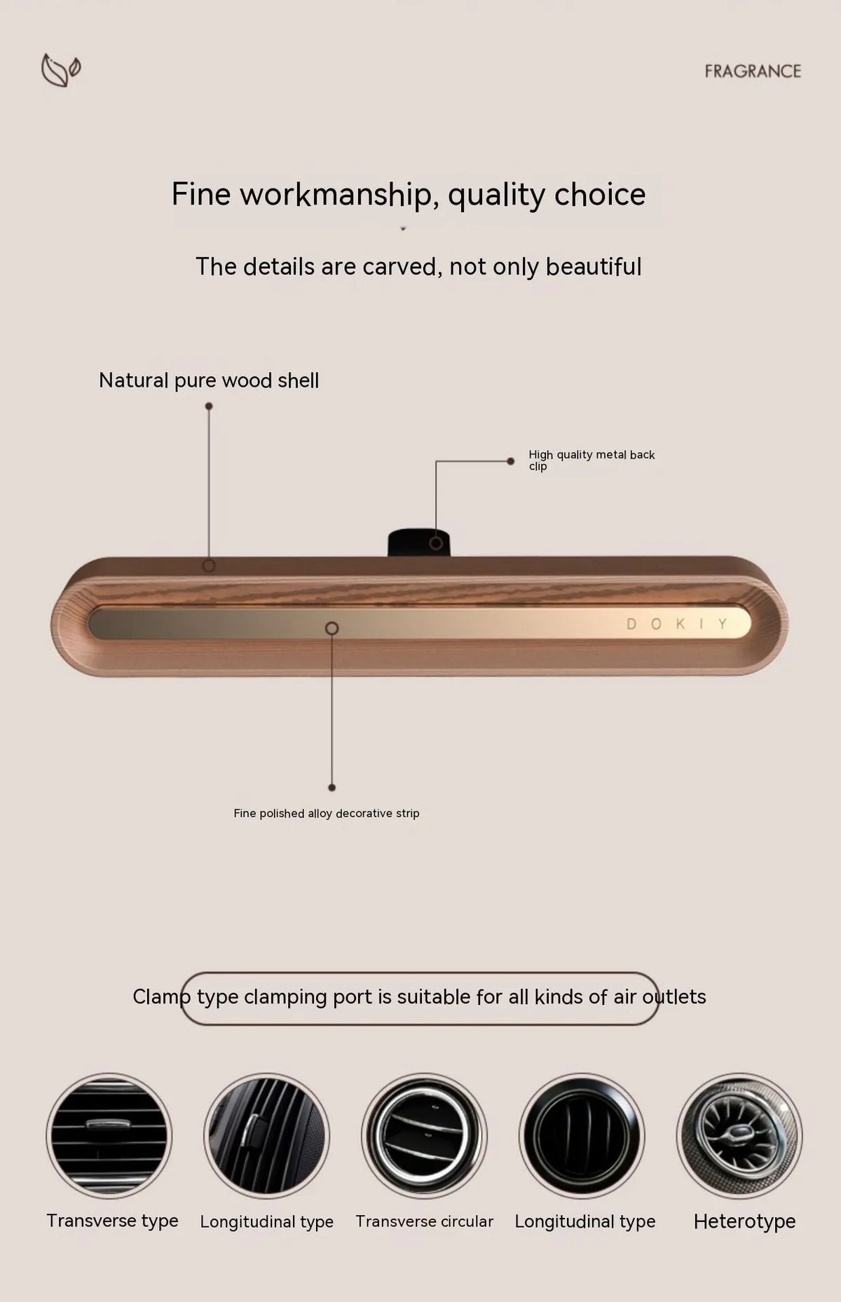 Long strip car aromatherapy ornament in walnut colour mounted on a car air vent