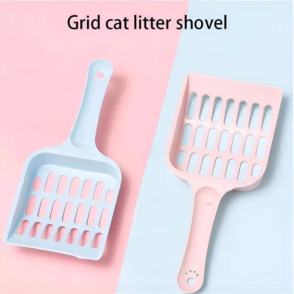 Blue plastic cat litter scoop showing its size on a white background.