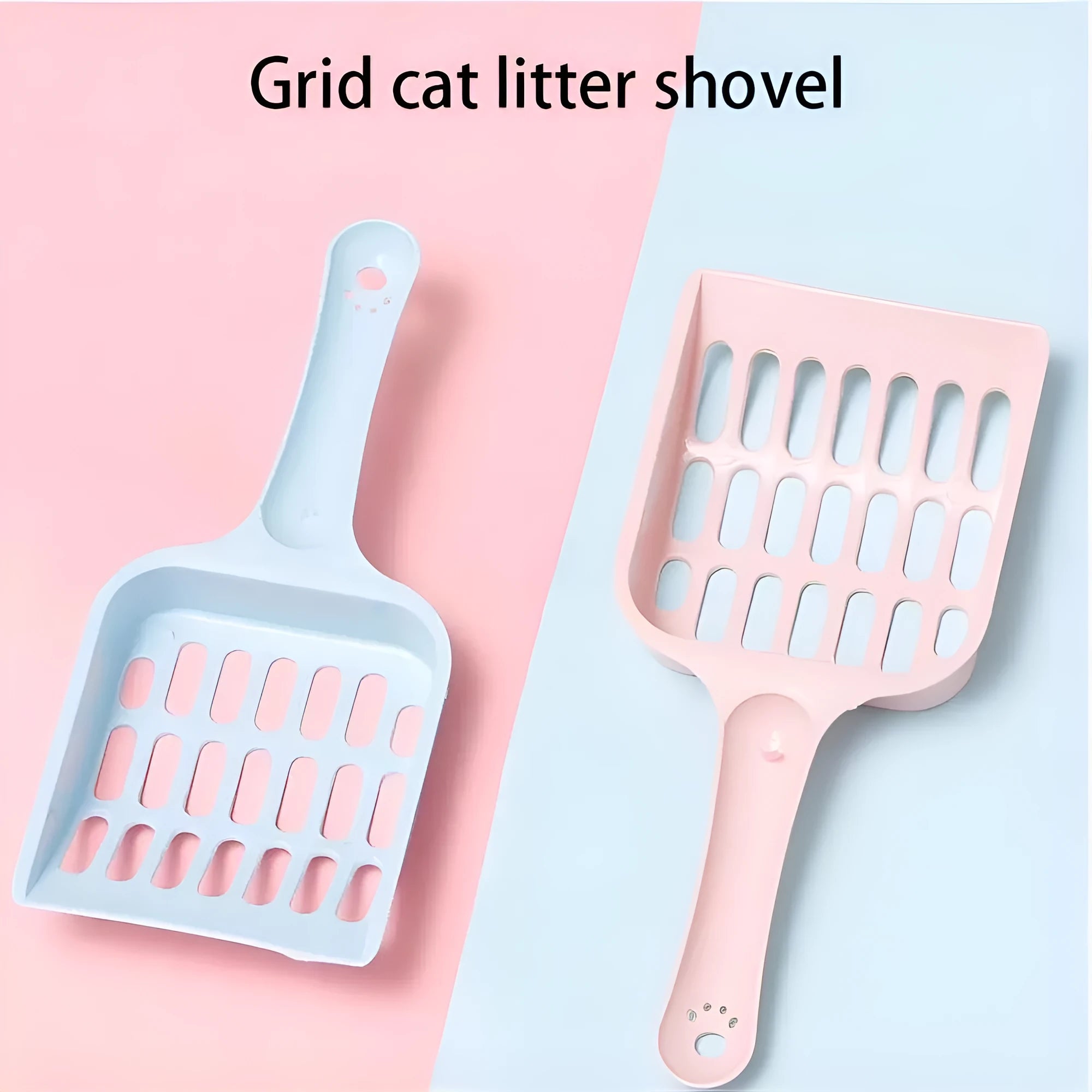 Blue plastic cat litter scoop showing its size on a white background.