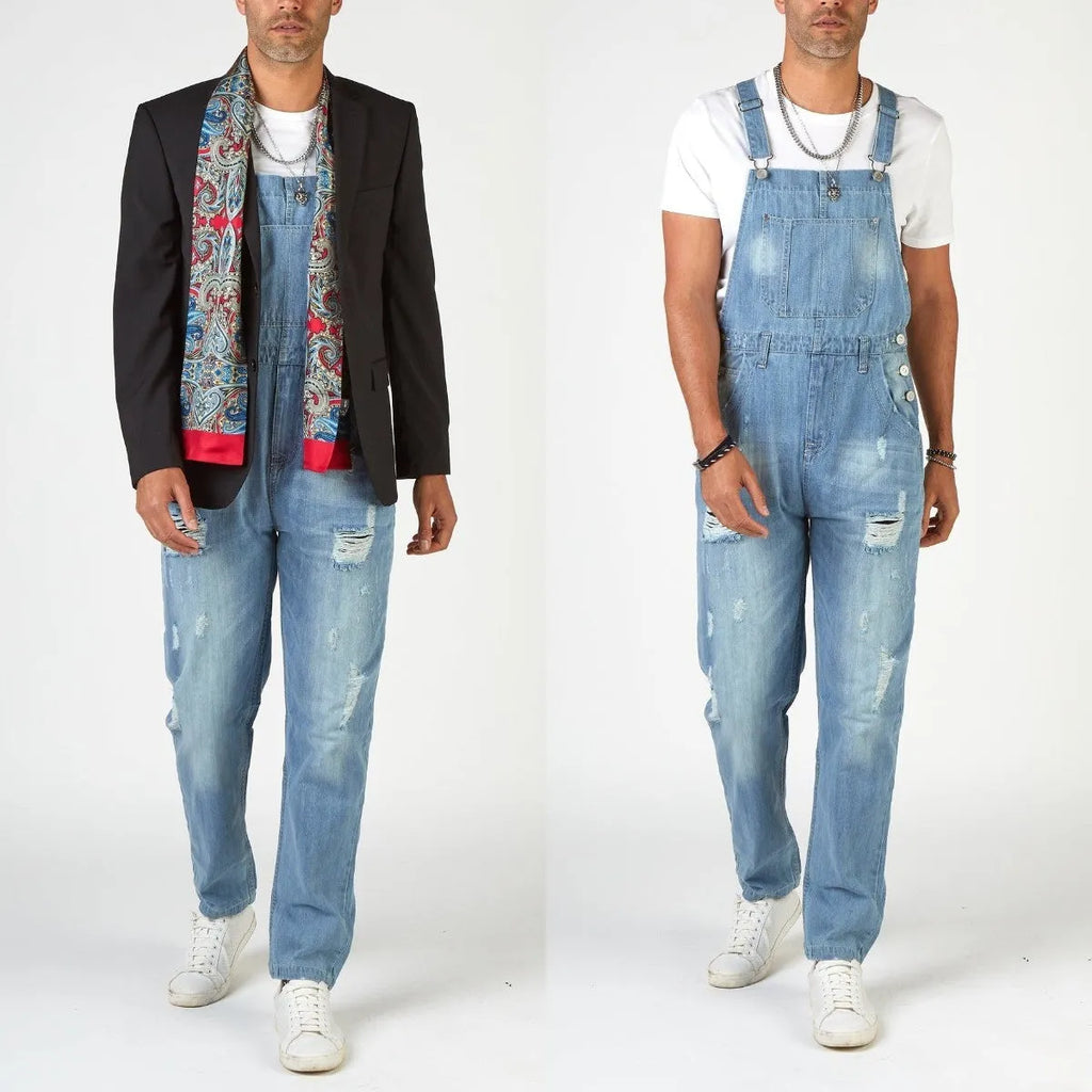 Light blue men's high-waisted jeans with button-on suspenders and a straight leg.