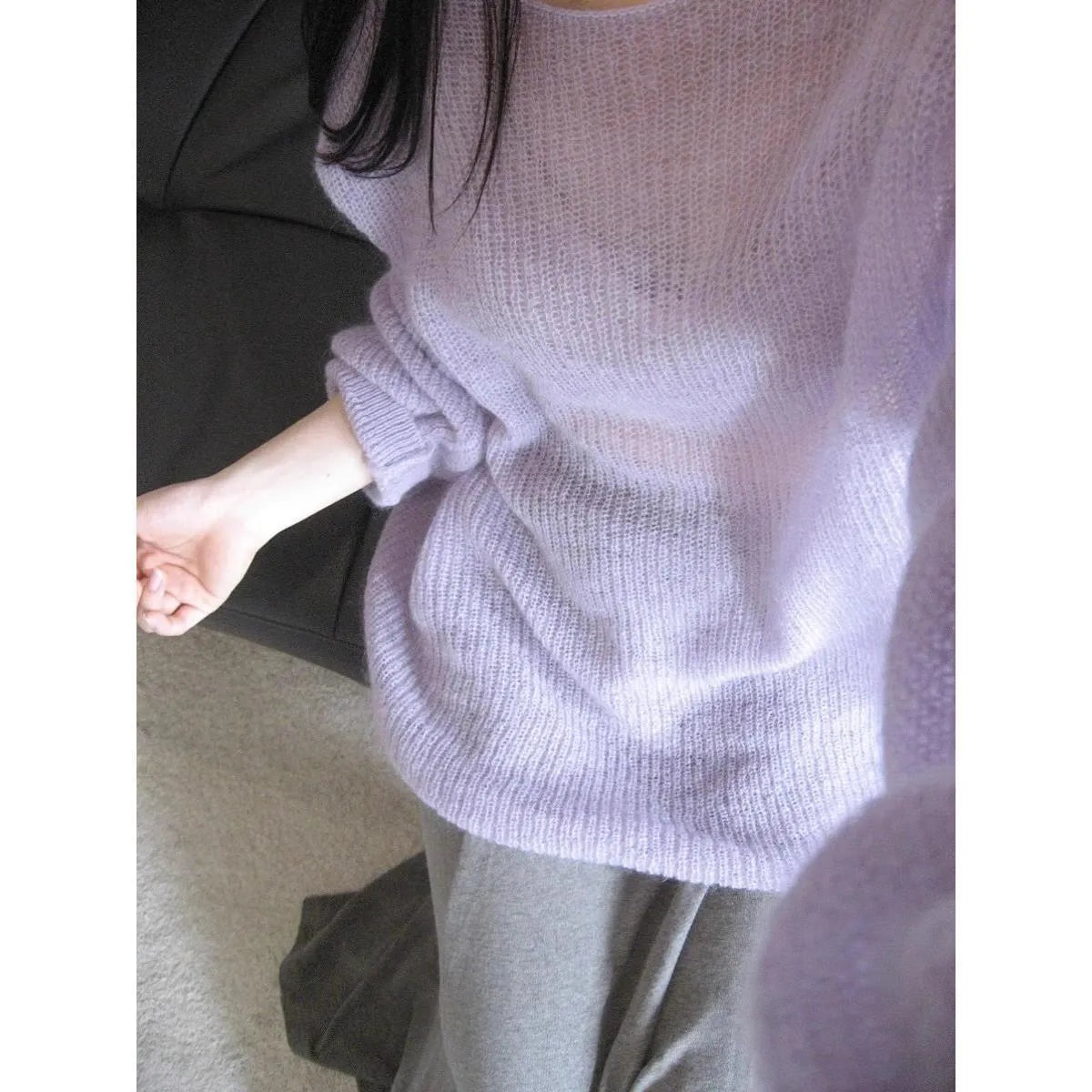 Purple women's blouse with hollow out princess sleeves in ice silk fabric, round neck pullover style