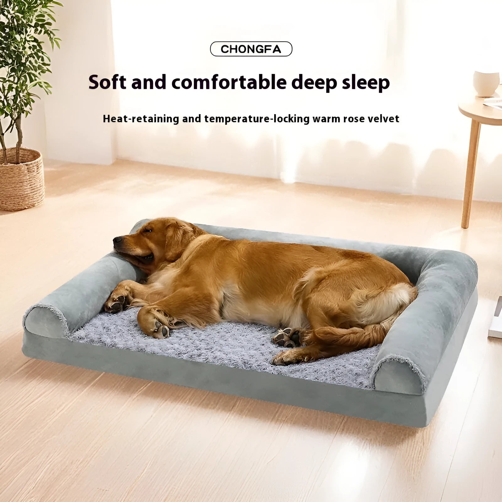 Light grey cloth dog kennel bed for large dogs, showing sheltered sides and padded interior.