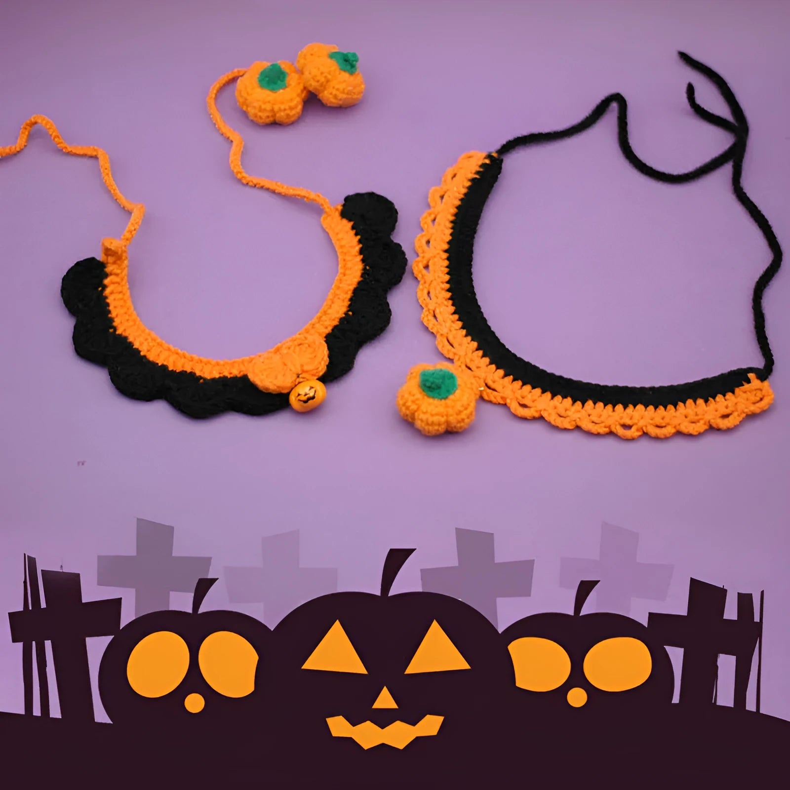 Hand-crocheted wool pet collar in Silent Pumpkin colour with adjustable sizing