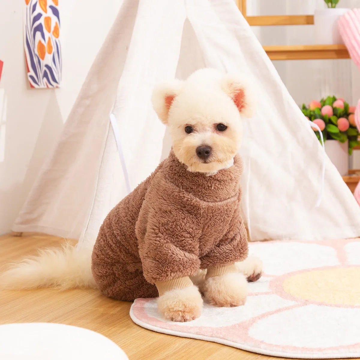 Blue double-sided plush dog clothes with high collar and towing ring for autumn winter wear