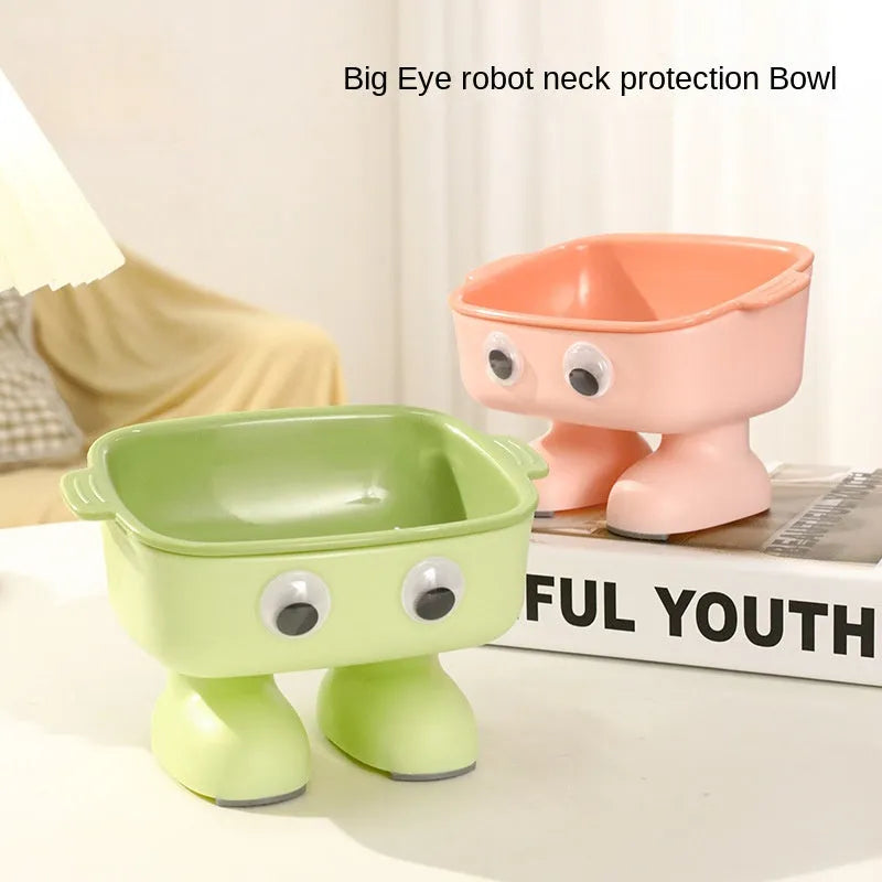 Robot-shaped elevated cat bowl with tilted feeding surface in green colour