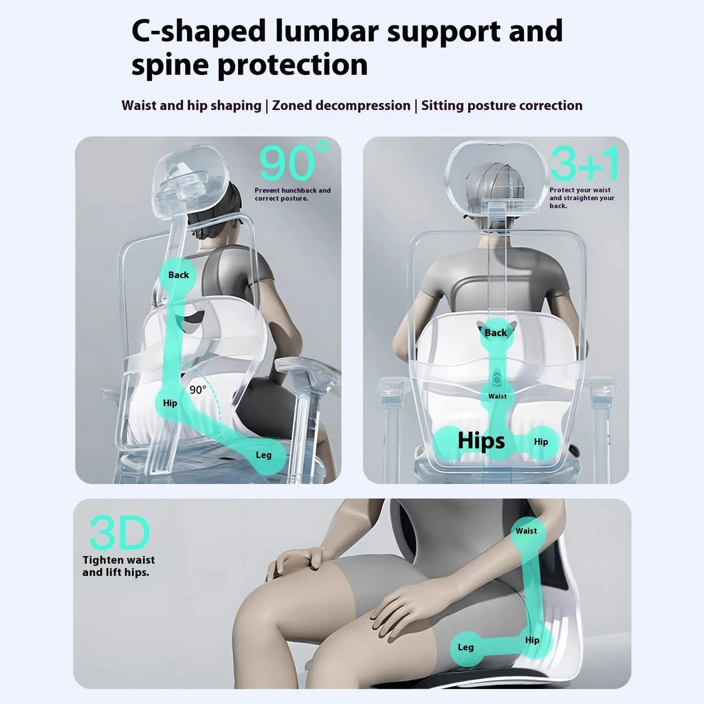 Grey lumbar support cushion with contoured shape for lower back, placed on office chair