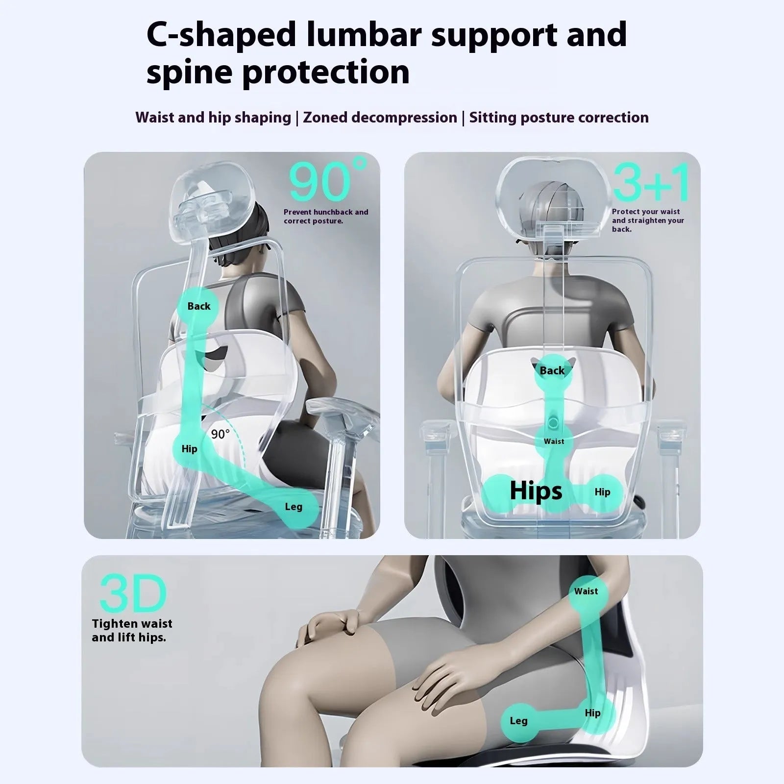 Grey lumbar support cushion with contoured shape for lower back, placed on office chair