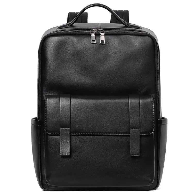 Men's black leather computer backpack with 36-55L capacity and physiological curve back plate