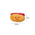 Set of four soft fabric cat chew toys shaped like a hamburger, chicken leg, fries, and hot dog on a plain background.