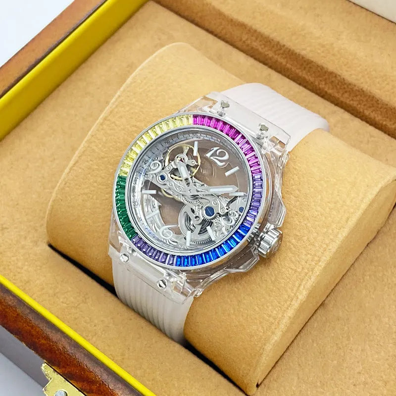 Full-automatic mechanical watch with hollow large dial, transparent surface, 14mm thickness, stainless steel back, white ribbon.